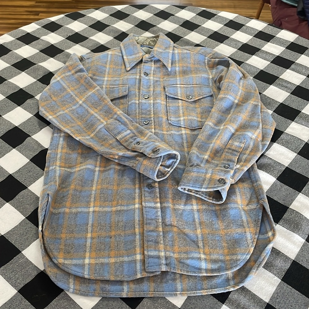 Pendleton WOOL Plaid Long Sleeve Shirt Men's 14.5  Pockets Flannel Blue Tan